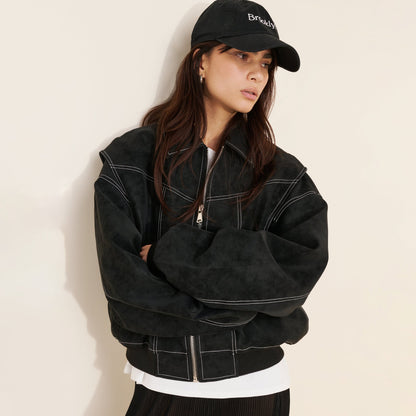 Turn-down collar short faux leather jacket coat in black