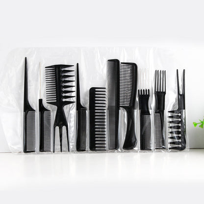 Ten-piece hair comb set with assorted combs in various shapes and sizes