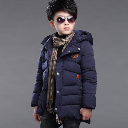 Boy's hooded padded jacket by My Store, showing quilted exterior with attached hood and front closure