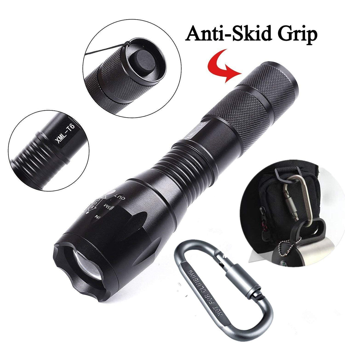 Tactical portable LED flashlight, 1000 lumens, 5 modes, compact black design