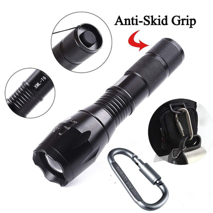 Tactical portable LED flashlight, 1000 lumens, 5 modes, compact black design