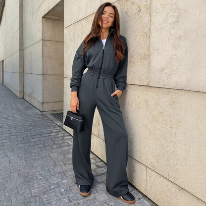 Women's casual long-sleeve zip-up collar jumpsuit in a relaxed fit