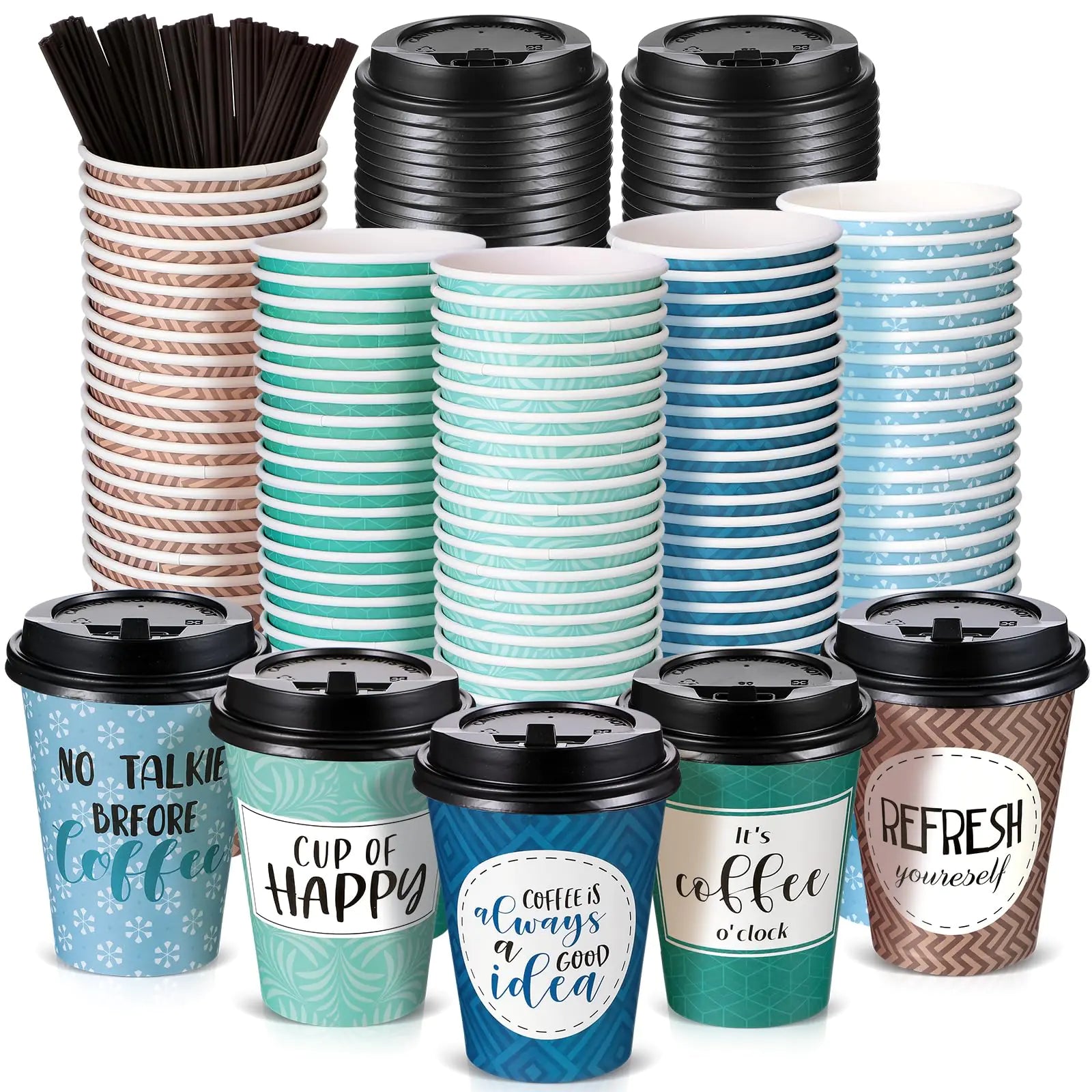 Gerrii 100 Pack Disposable Coffee Cups with Lids and Straws Motivational Paper Cups with 6 Quotes and Designs Disposable Hot Cups for Water Juice Coffee Tea Home Shop Cafe (Cool Style12 oz)