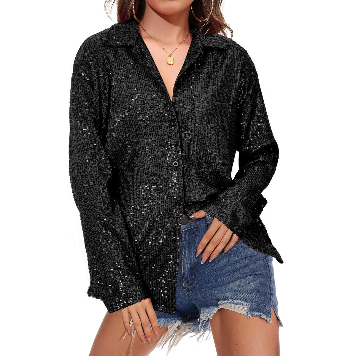 Black sequin party top by BACKUPMYFILESNOW® featuring glamorous sparkling sequins and a stylish design for evening wear.