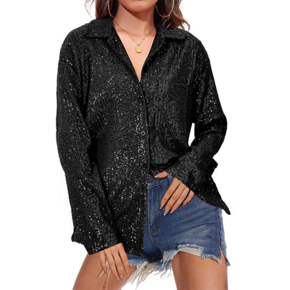 Black sequin party top by BACKUPMYFILESNOW® featuring glamorous sparkling sequins and a stylish design for evening wear.