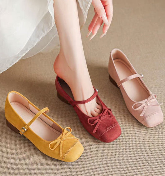 Women's soft leather French style square toe Mary Jane flats with bow and single strap, spring daily commute shoes