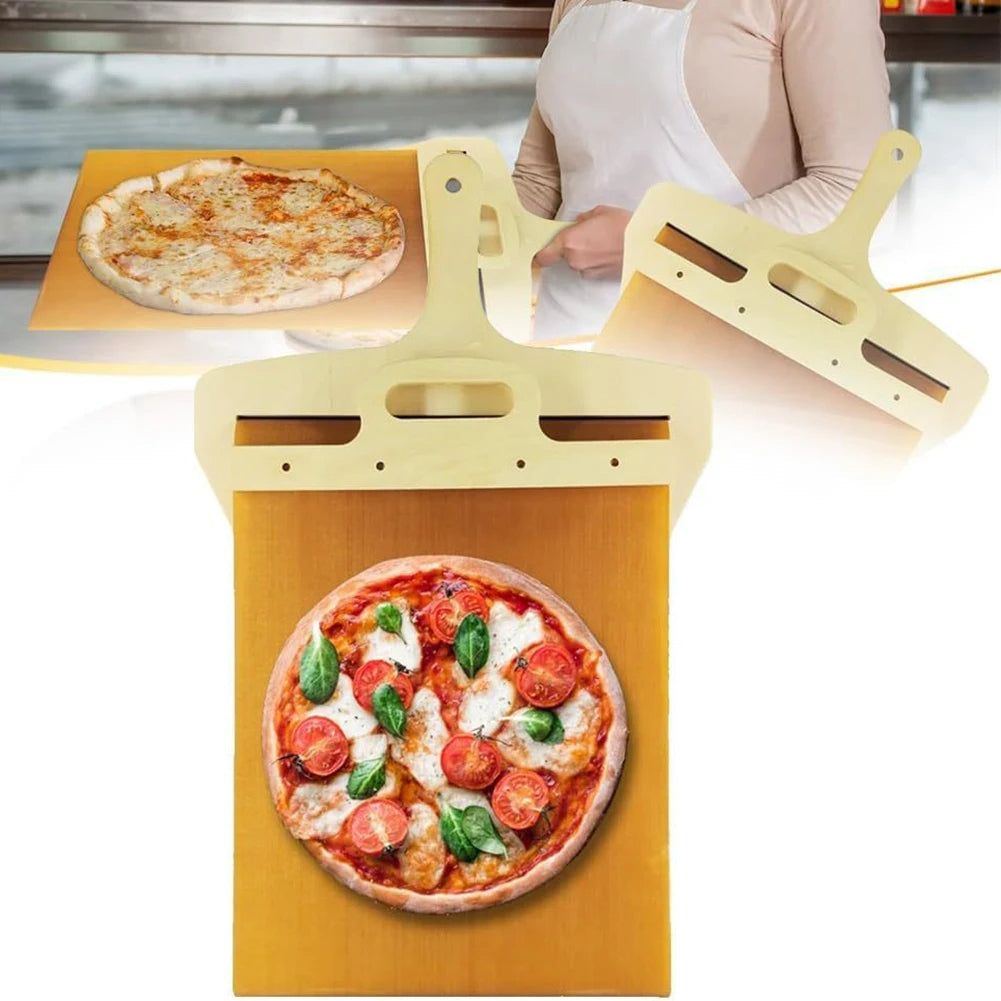 Sliding pizza shovel with smooth cutting board for non-stick baking, pizza transfer, and kitchen storage