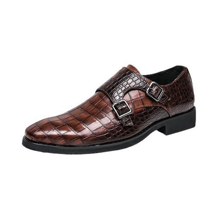 British-style men's leather shoes with square toes and embossed pattern detailing