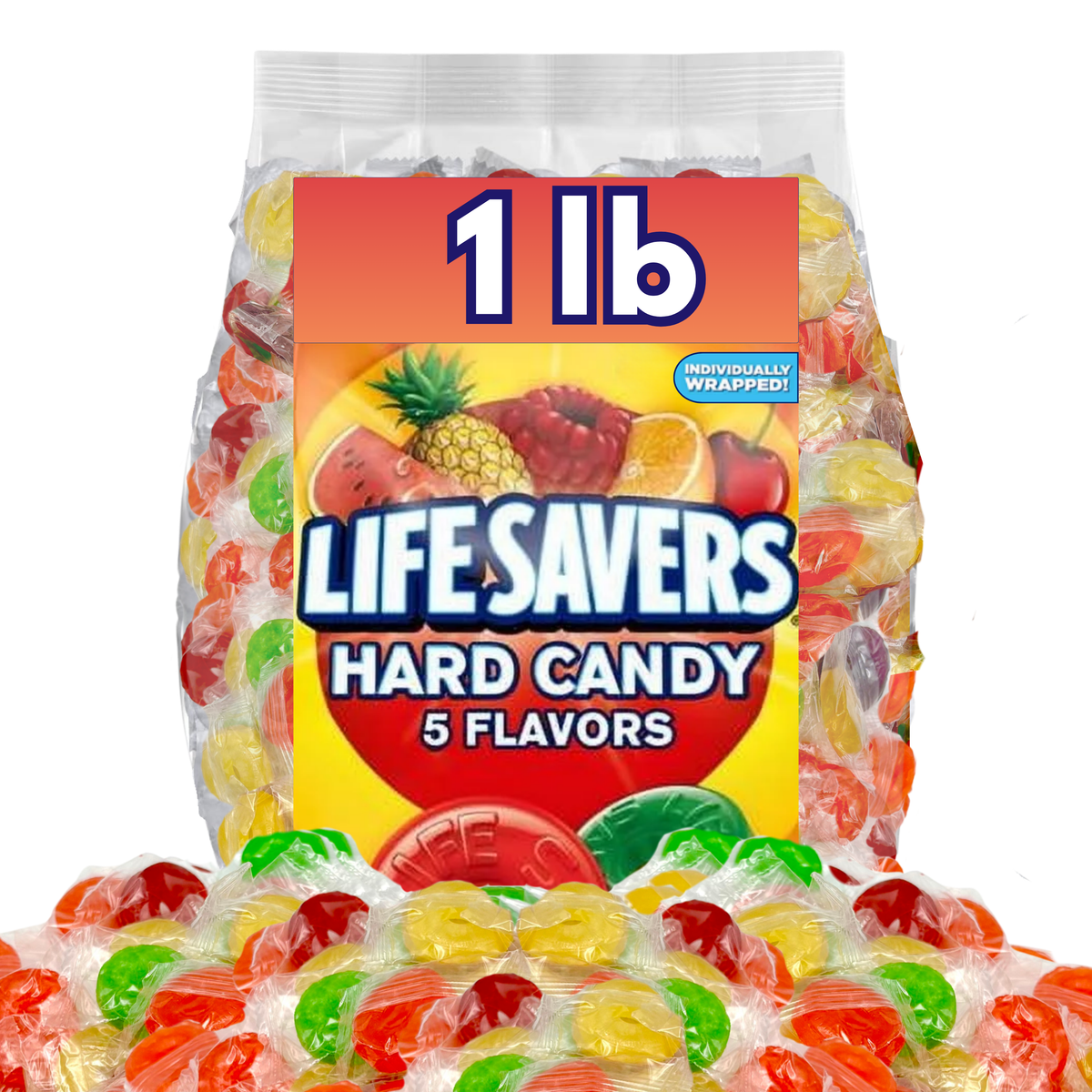 Assorted Life Savers hard candies in five flavors in a bulk Candy In Bulk package, colorful round candies on a white background.