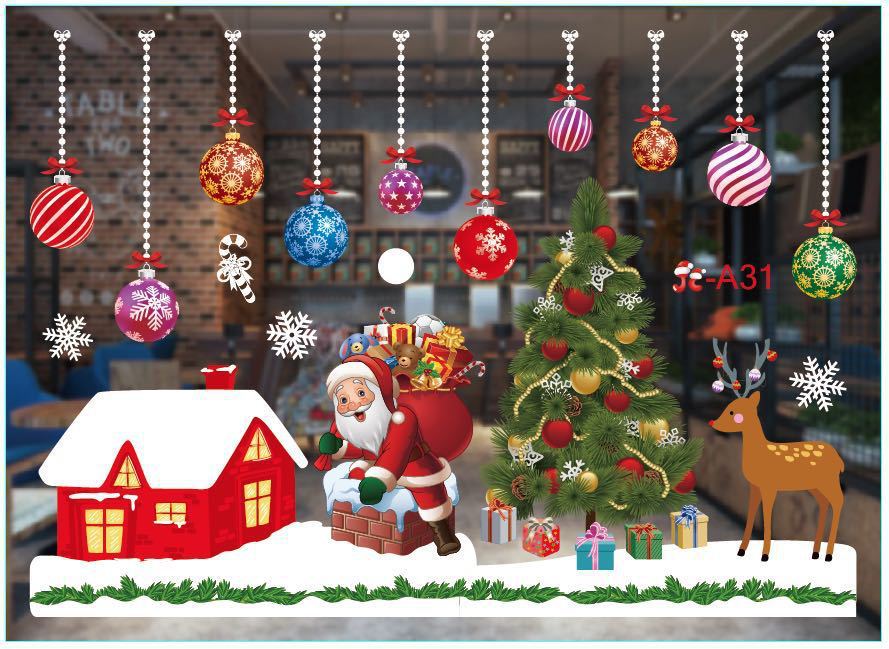 Christmas decorations store window stickers with festive holiday designs for glass surfaces