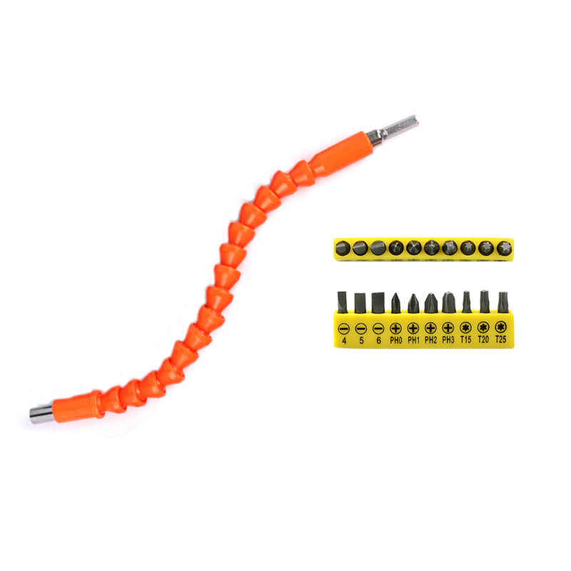 Flexible shaft drill bit holder for handheld drills, shown coiled and ready for use