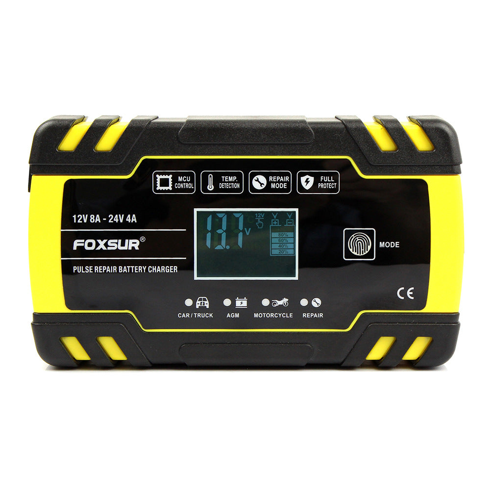 Motorcycle and car battery charger, compact black design with charging cables