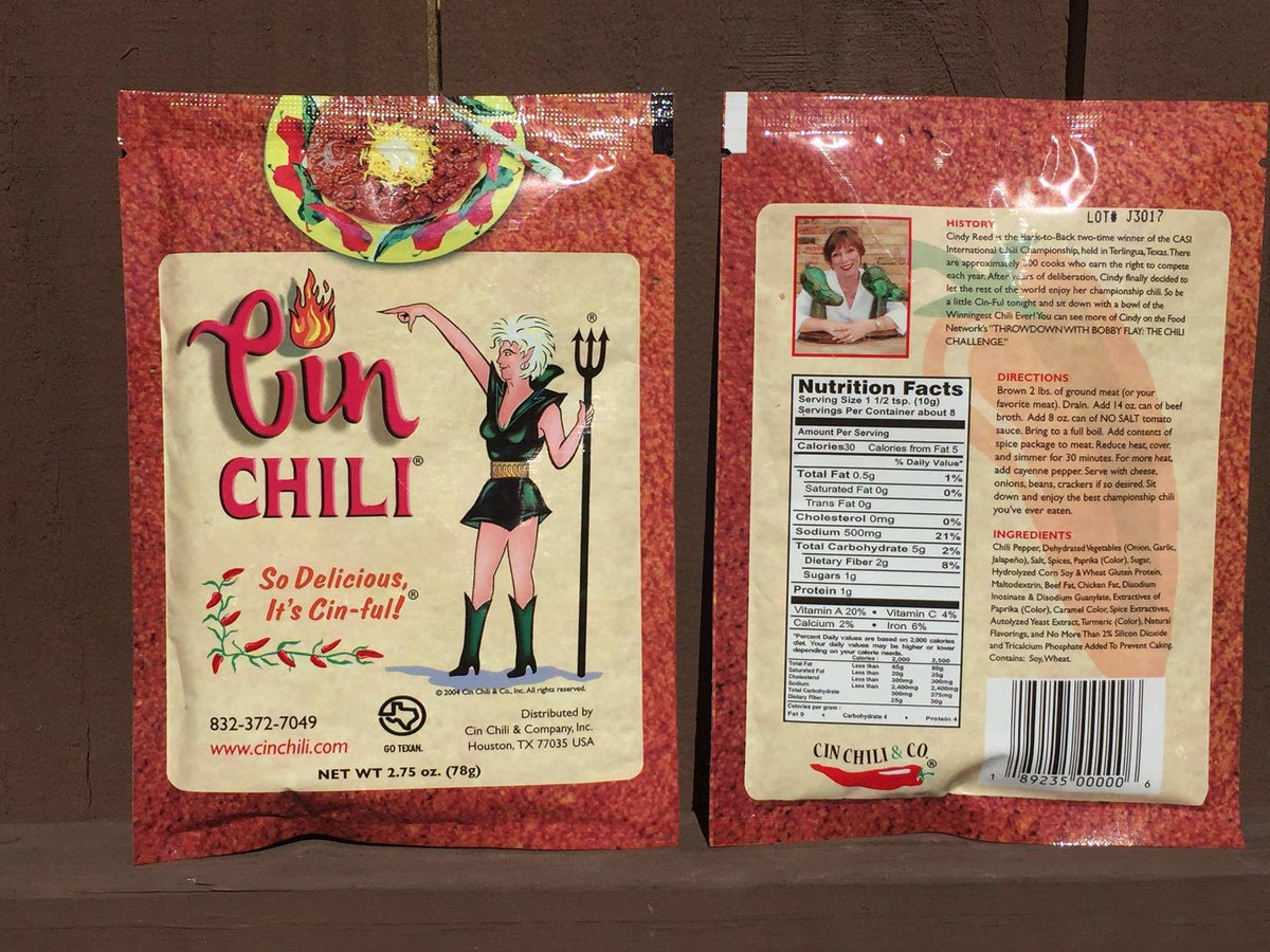 Cinderosa Ranch Cin Chili Seasoning Mix 12-pack, front view of spice packets with vibrant chili seasoning labels