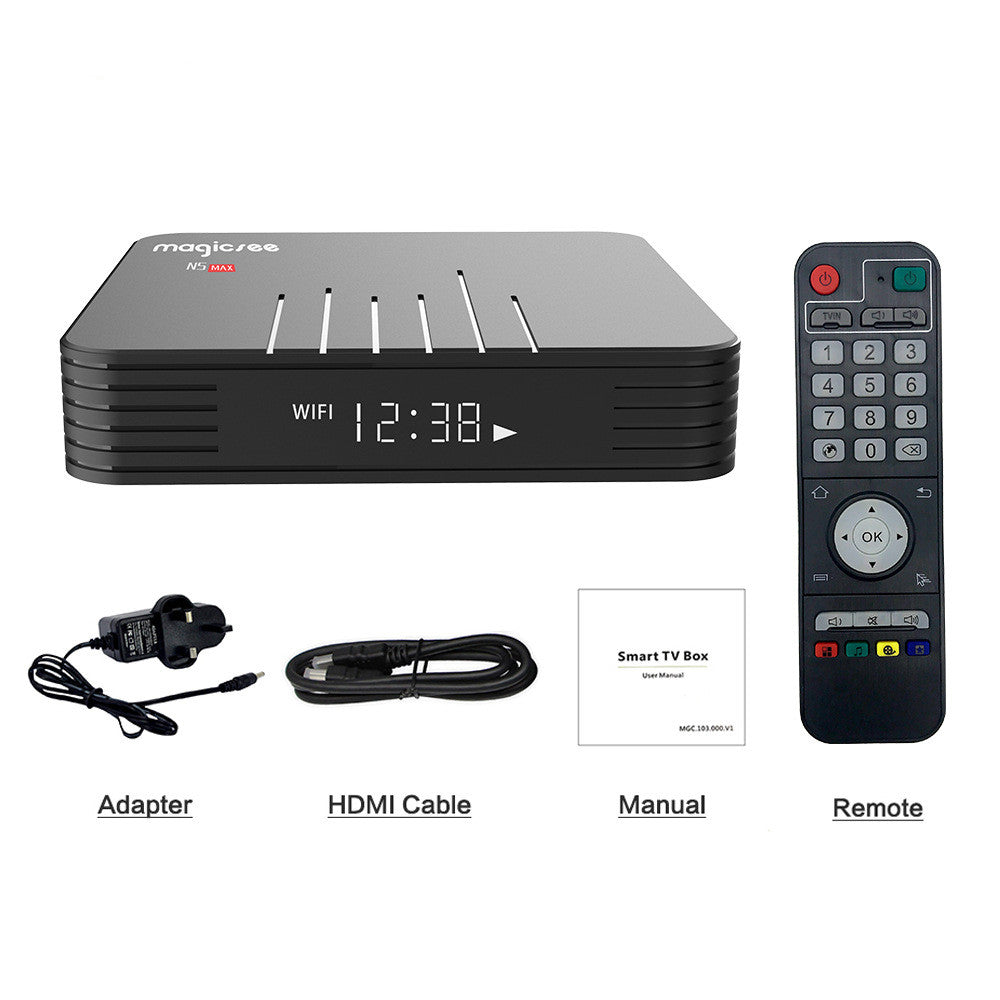 N5 MAX+ STB S905X3 Android network player by My Store, compact black streaming box with remote control