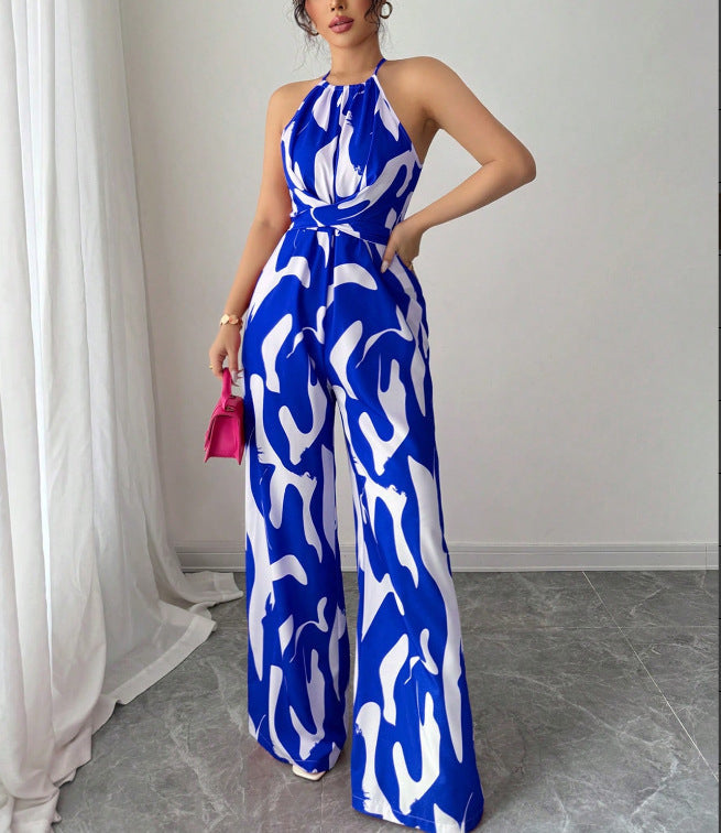 European American style milk-pattern halter neck jumpsuit with tie-back open-back bodysuit design