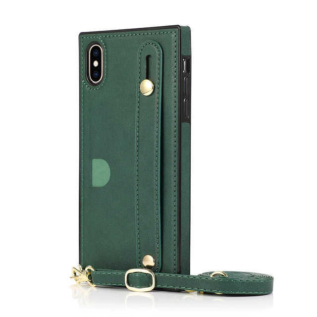 Messenger phone case card holder phone holster in black leather with adjustable shoulder strap