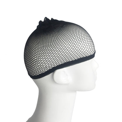 Black wig hair net accessory cap for securing wigs, shown flat against a plain background
