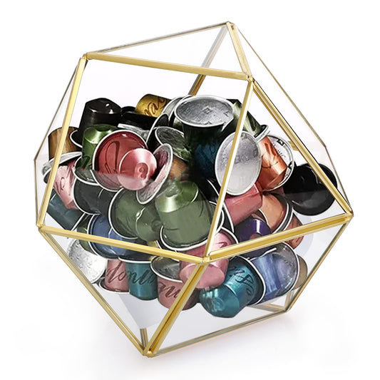 GoldFlair 14-sided glass coffee pod organizer by BACKUPMYFILESNOW® showing a clear, geometric storage container for coffee pods.