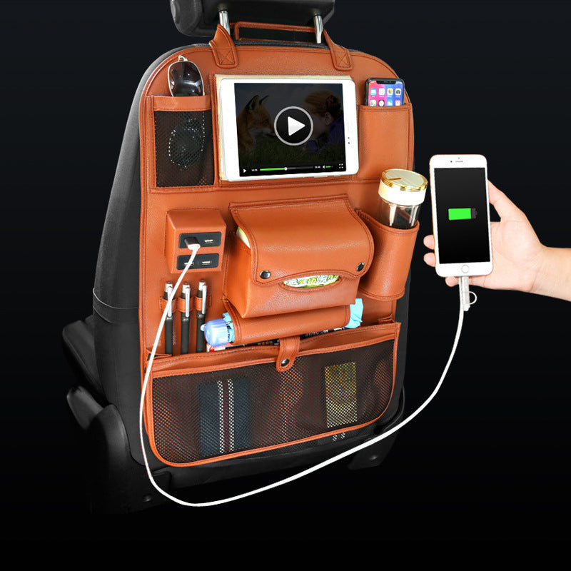 Car backrest storage bag multifunctional seat organizer shown attached to vehicle seatback