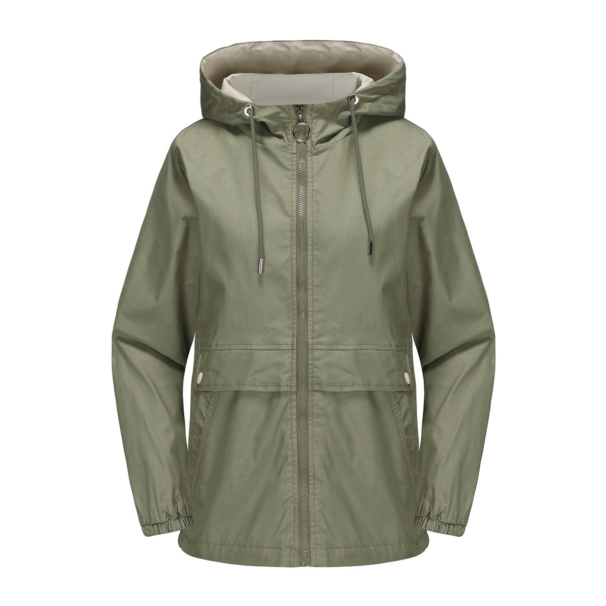 Women's hooded solid color trench coat, front view