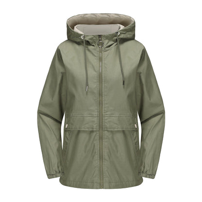 Women's hooded solid color trench coat, front view