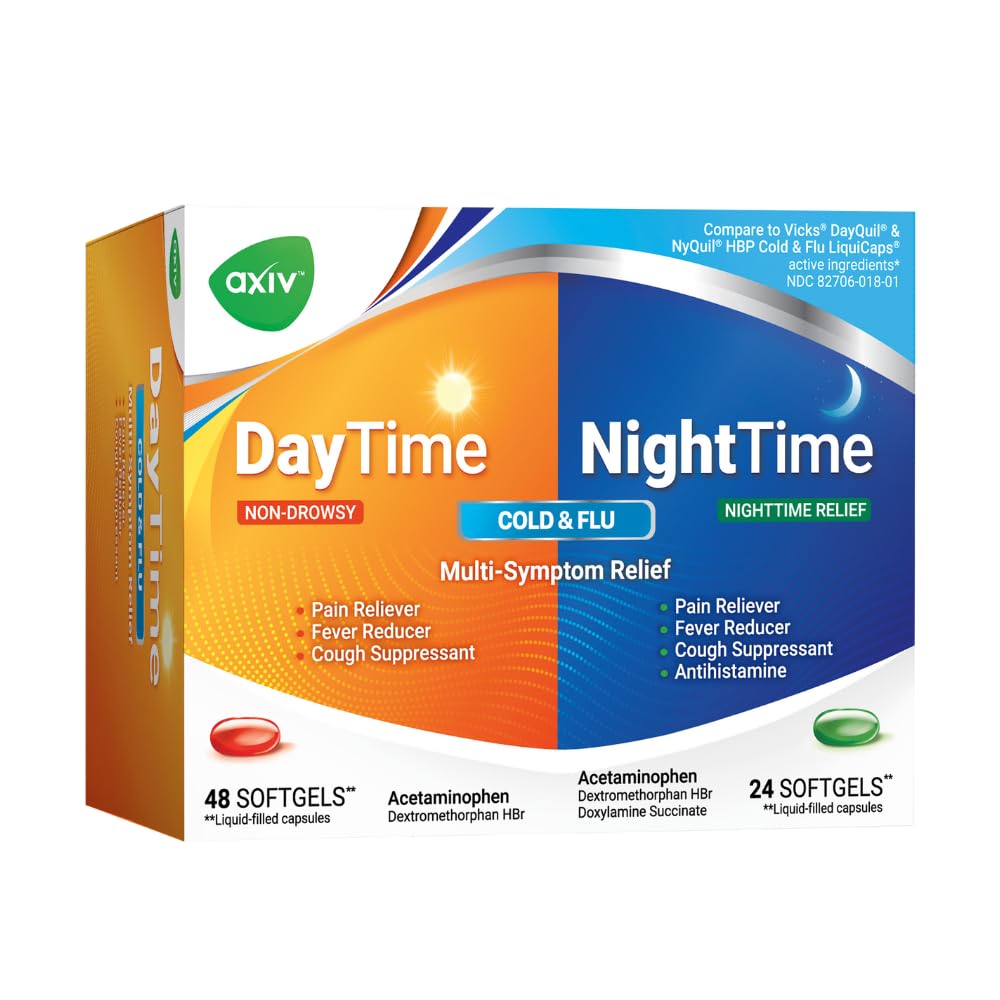 AXIV 24/7 Cold & Flu Relief Softgels by BACKUPMYFILESNOW®, showing a bottle of softgel capsules on a white background.