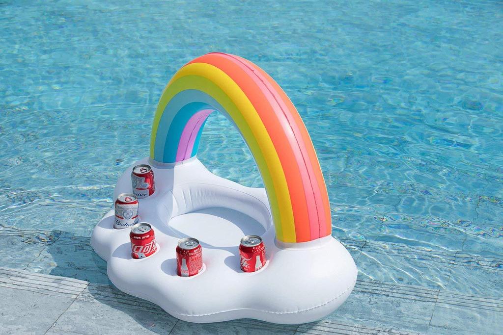 Gay pride rainbow inflatable pool float cooler with colorful rainbow design and insulated drink holder