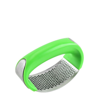 Stainless steel garlic masher and press with curved handle for manual kitchen use