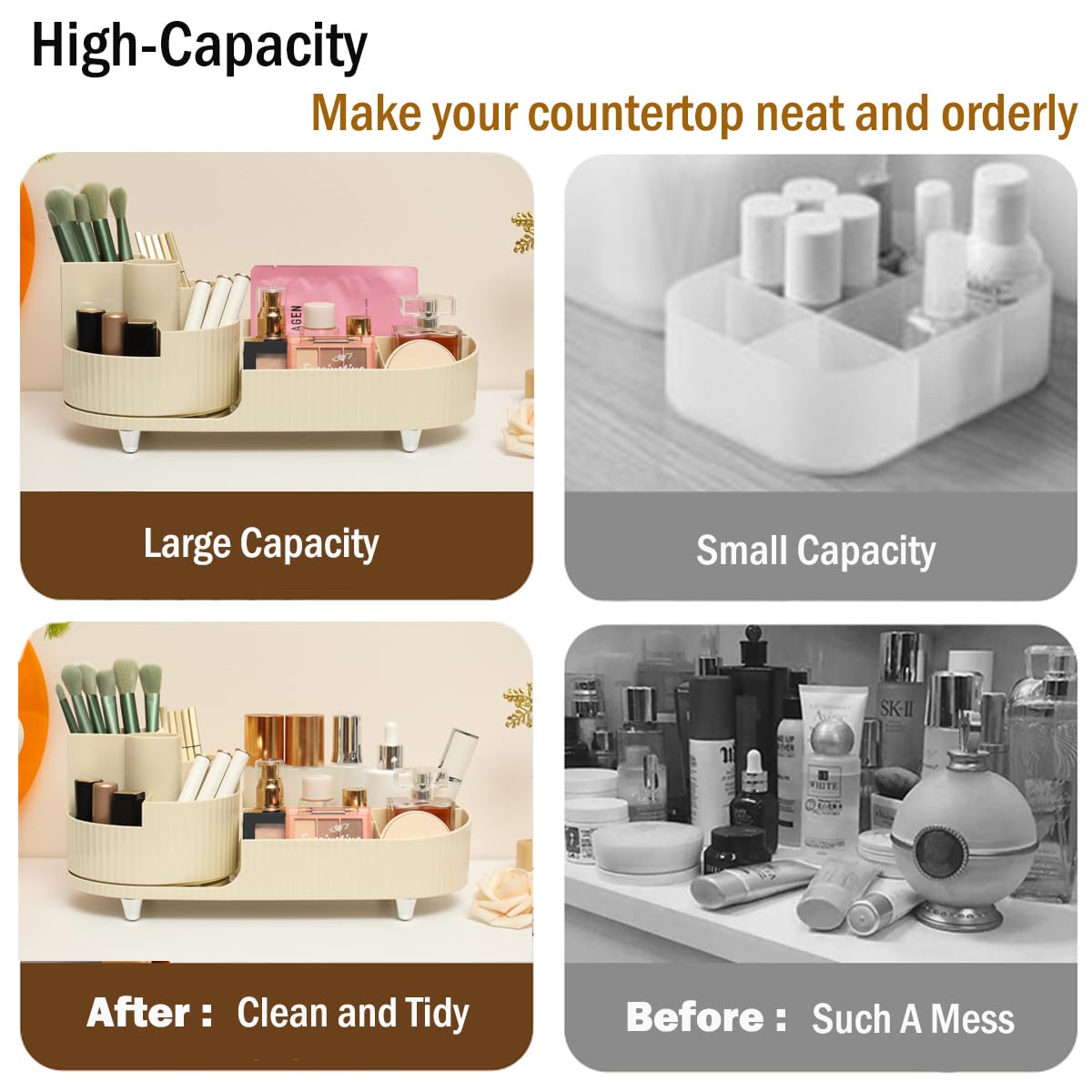 Rotating countertop makeup organizer with large capacity, cosmetic display compartments, and makeup brush holder