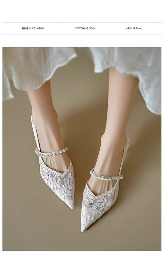Women's mesh strap Mary Jane shoes with pointed toe and thin high heels for wedding dresses