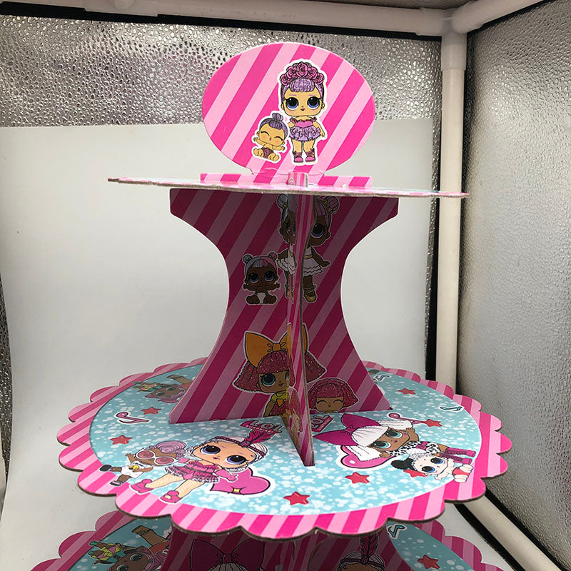 Cartoon doll birthday theme cake stand with colorful character design