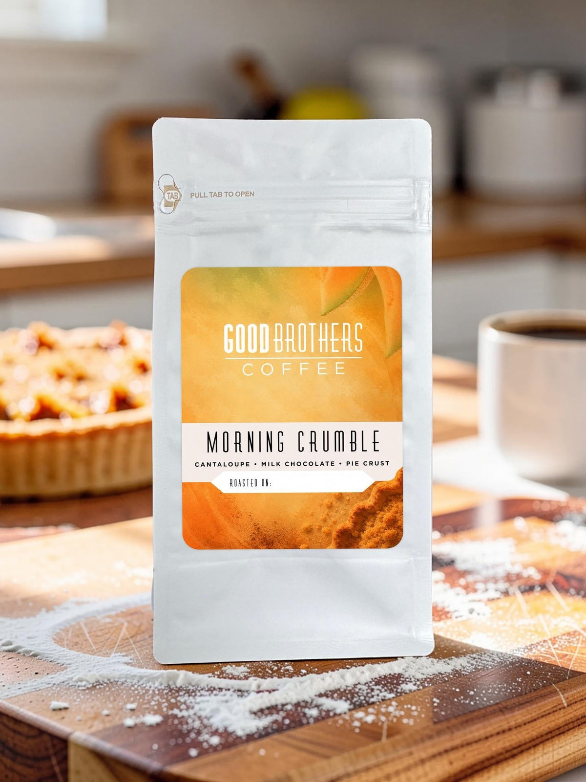 Roasted coffee bag labeled Morning Crumble Blend from Good Brothers Coffee LLC, showcasing the coffee packaging.