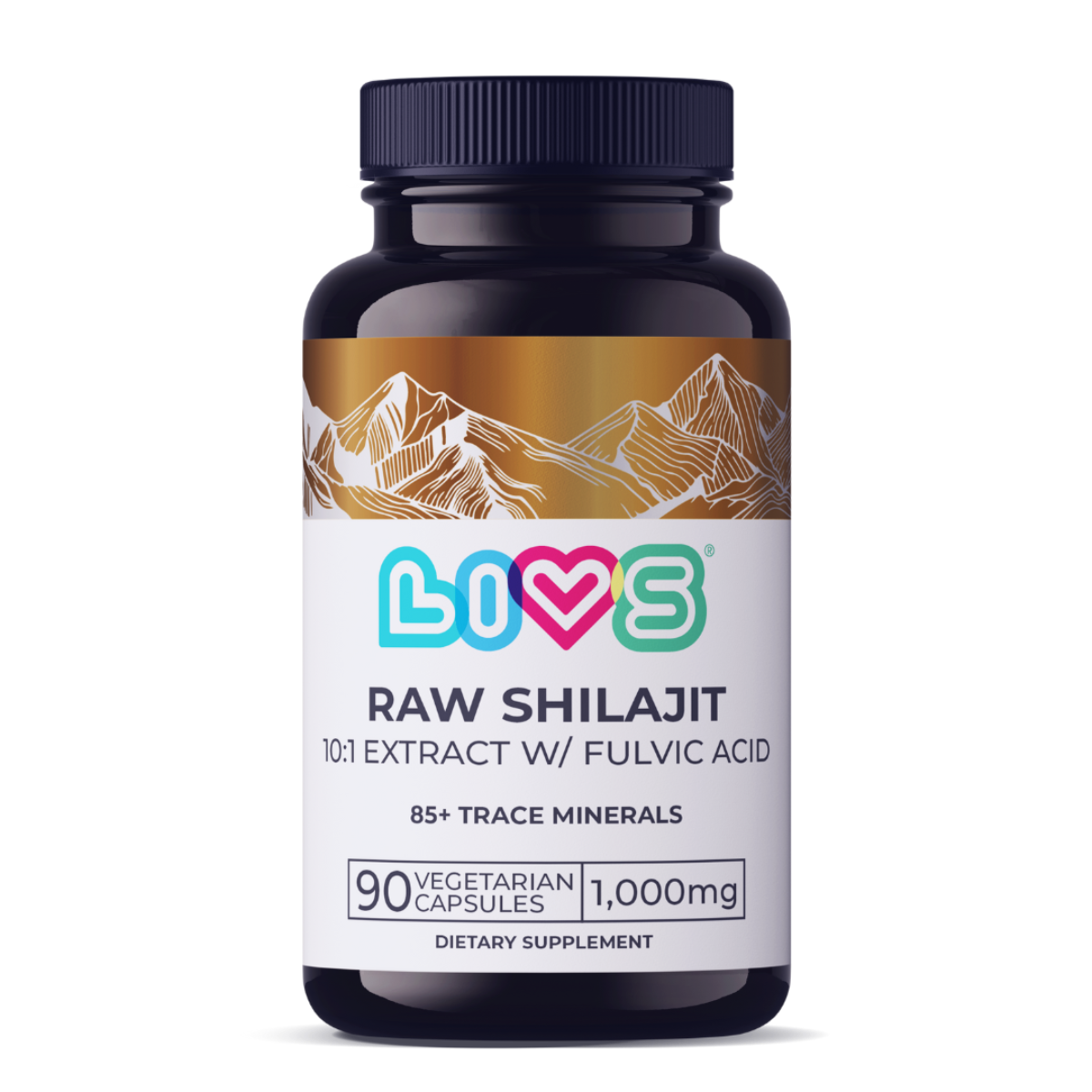 LIVS Raw Shilajit Capsules in a bottle, showing dark brown capsules that contain natural Himalayan resin supplement.