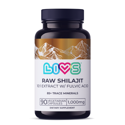 LIVS Raw Shilajit Capsules in a bottle, showing dark brown capsules that contain natural Himalayan resin supplement.