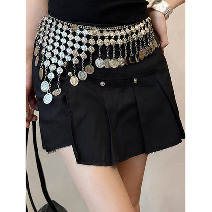 Fashion tassel bell waist chain for women, versatile gold-tone accessory with dangling bells and tassels