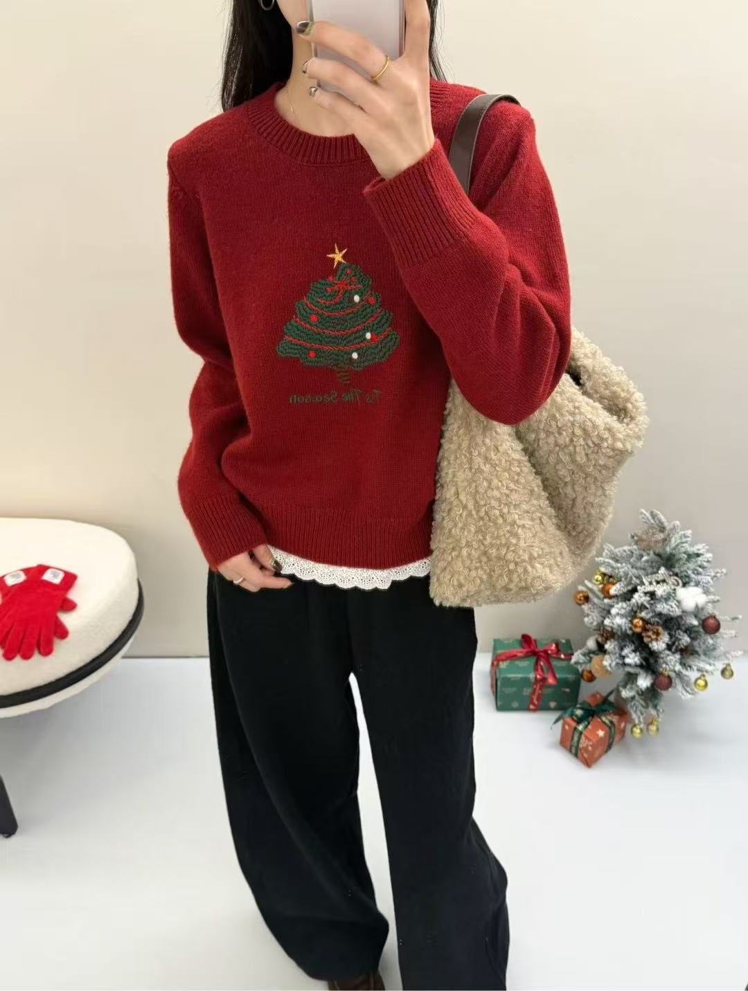Women's Christmas tree-print thermal lace-patchwork preppy pullover sweater, front view