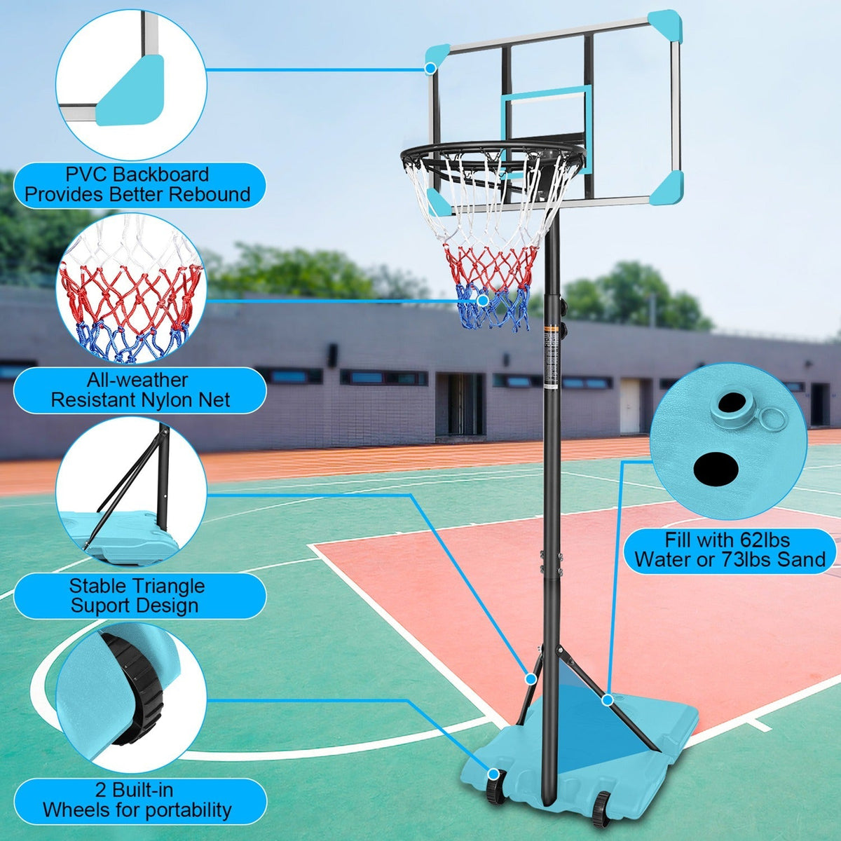 Kids basketball hoop by GBruno Store, adjustable height 5.6-7ft with wheels and sturdy backboard for outdoor play.