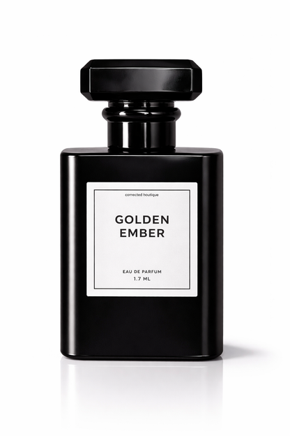 Golden Ember Eau de Parfum bottle with amber, vanilla, and brown sugar notes, featuring elegant packaging from Connected Boutique