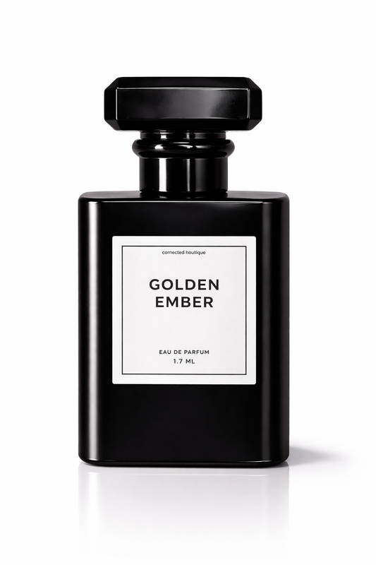 Golden Ember Eau de Parfum bottle with amber, vanilla, and brown sugar notes, featuring elegant packaging from Connected Boutique