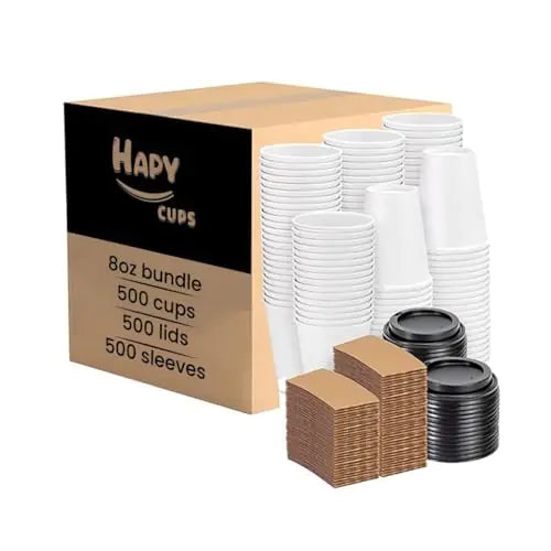 500 Pack 8oz White Paper Coffee Cups with Lids & Sleeves |Disposable Drinking Cups for Cold/Hot Chocolate Water Juice Tea |Home Office Store Events & Cafe | Recyclable & Eco Friendly