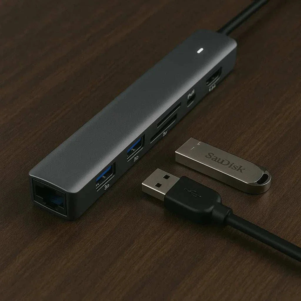 Card Reader PD computer hub with multiple ports and USB drive on wood surface