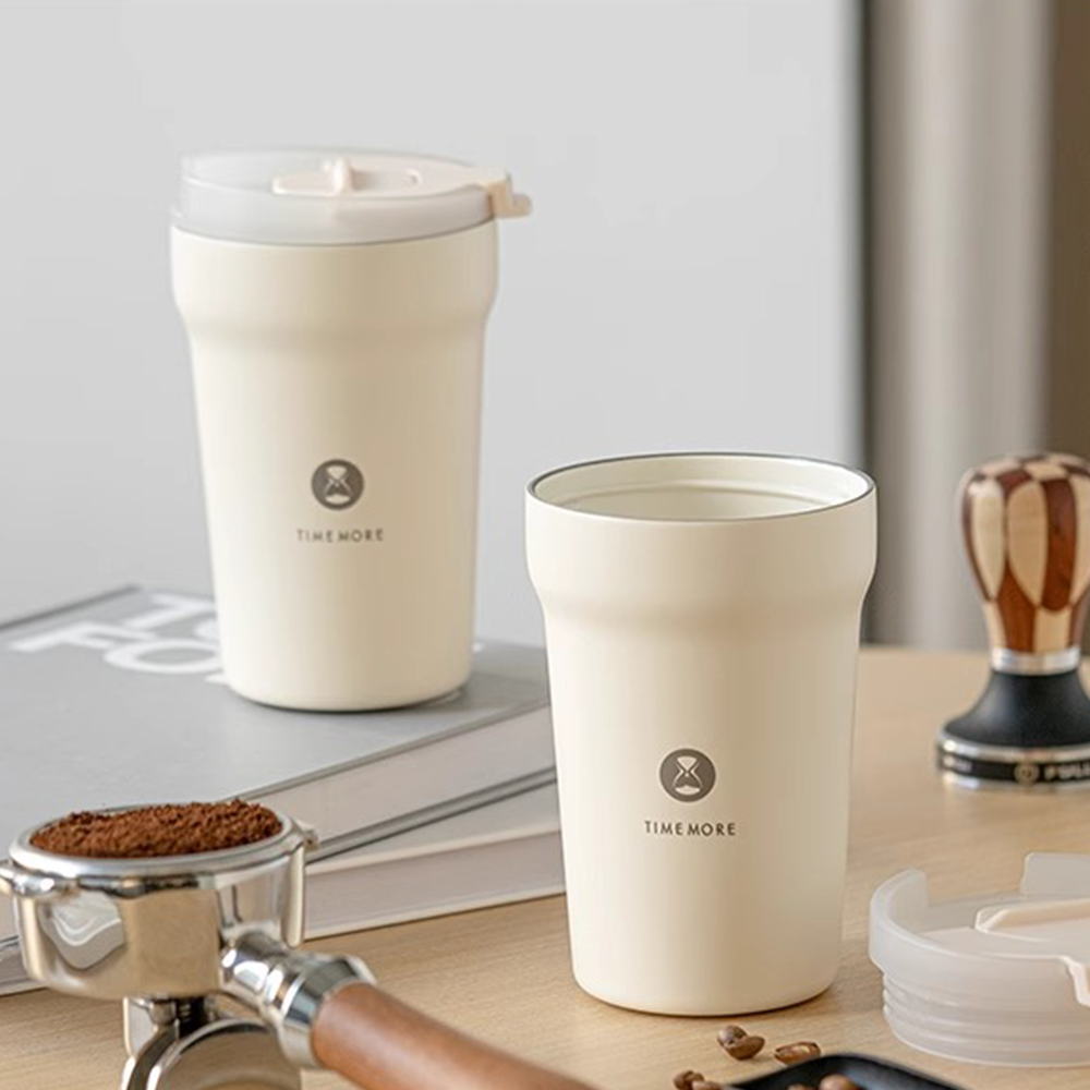 Timemore Travel Tumbler in stainless steel with black lid, ideal for home and garden use, portable and insulated for beverages.