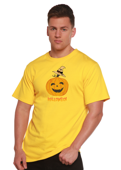 Men's Halloween pumpkin graphic t-shirt by Spun Bamboo, featuring short sleeves and a printed organic cotton and bamboo viscose fabric.