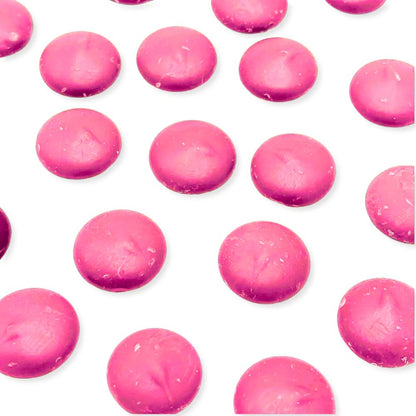 Pink vanilla-flavored candy coating and melting wafers in a bulk bag, ideal for chocolate coating and cake decorating.