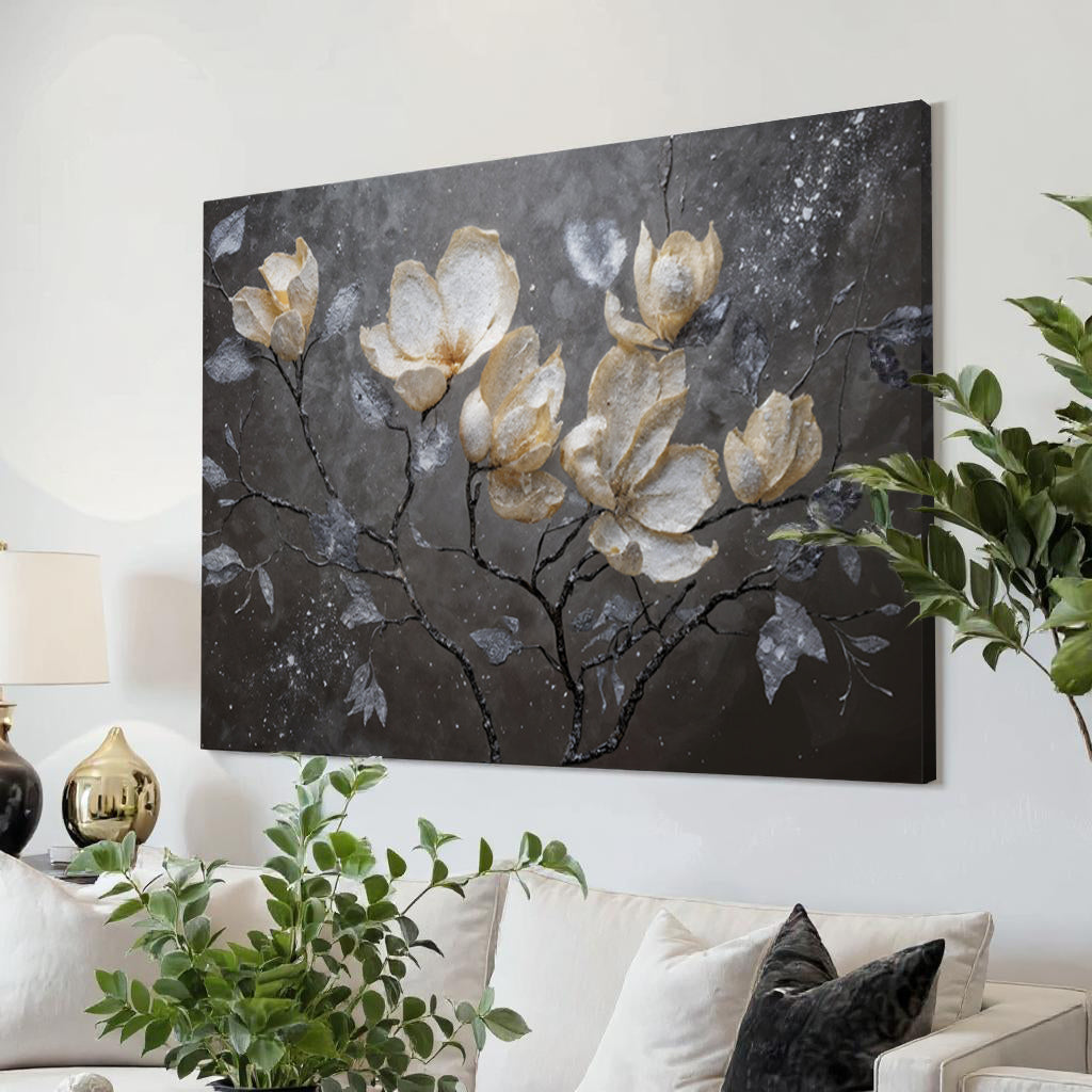 Canvas wall art featuring elegant midnight magnolias in a floral design by Tailored Canvases.