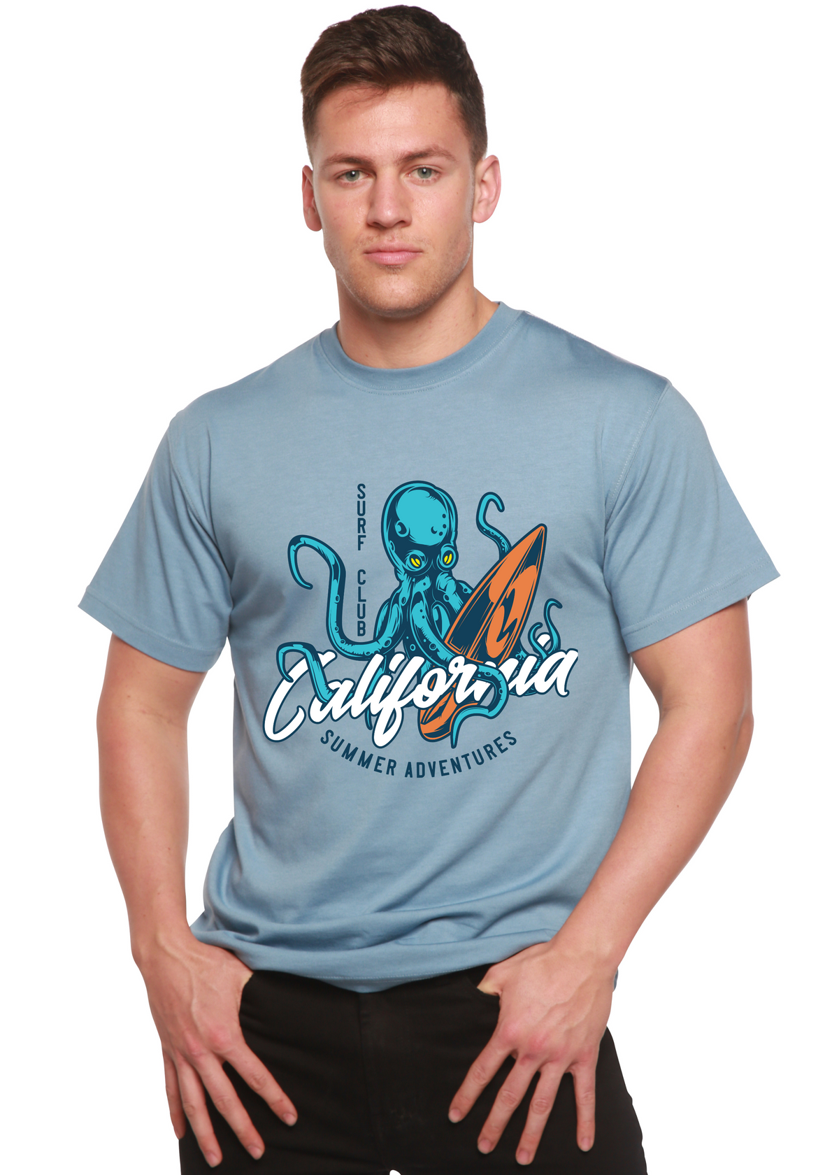 Spun Bamboo men's printed graphic T-shirt made of bamboo viscose and organic cotton, featuring a California summer adventure design.