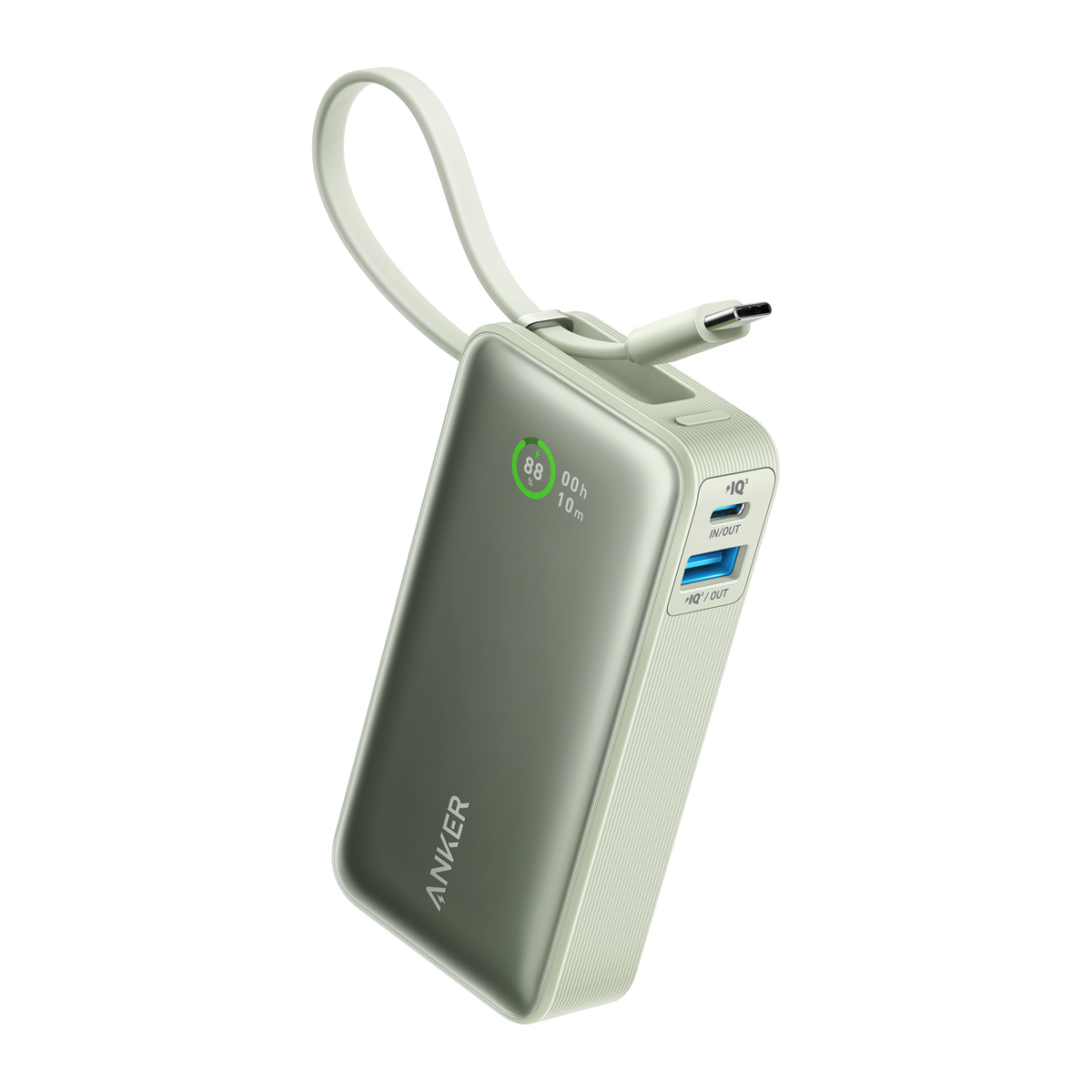Anker Nano 30W power bank with built-in USB-C cable, portable charging device for smartphones and devices.