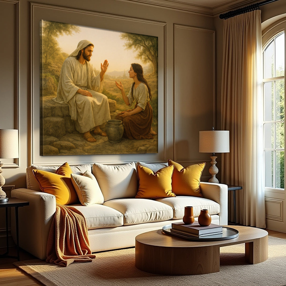 Canvas wall art titled "Samaritan at the Well Faith" by Tailored Canvases, featuring a detailed biblical scene illustration.