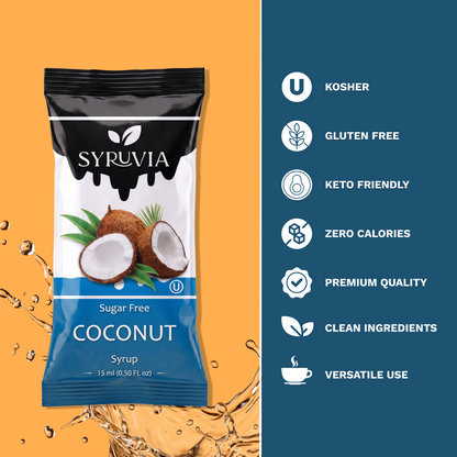 Two Syruvia sugar-free coconut syrup pouches with clear labels, displayed against a neutral background.