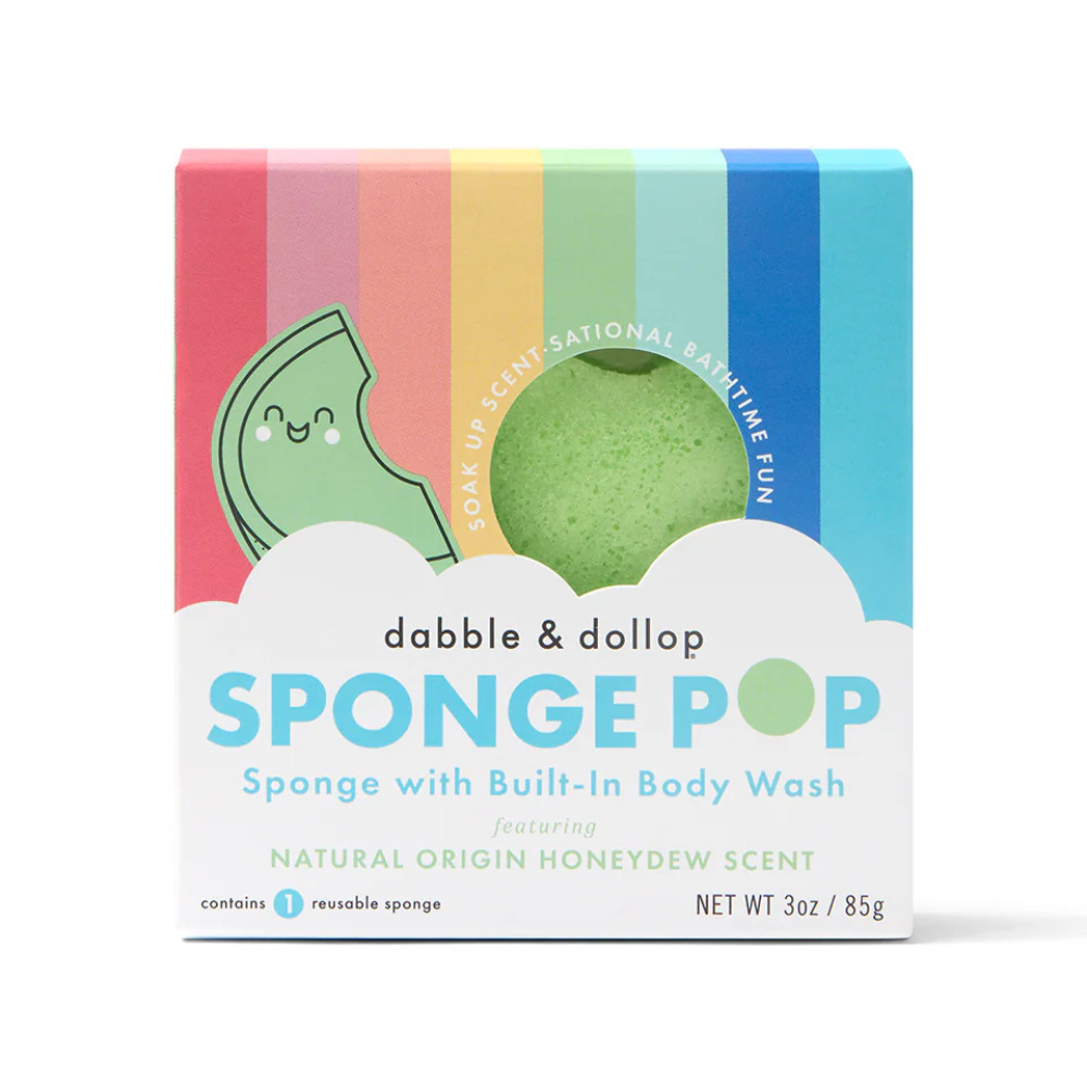 Honeydew Sponge Pop™ Kids Buffer by Spongellé with green honeydew-shaped body wash infused buffer and colorful accents.